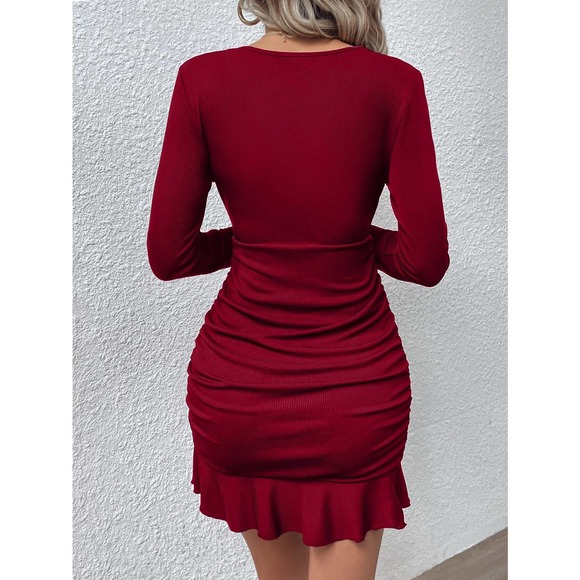 Long sleeve Surplice v Neck Ruched Ruffle Hem Bodycon Dress - Picture 6 of 8